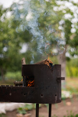 Burning firewood in the barbecue. Burning logs. A fire in the grill