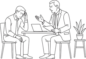 Man seeking guidance from professional counselor in office session with laptop and plant offering support and understanding vector