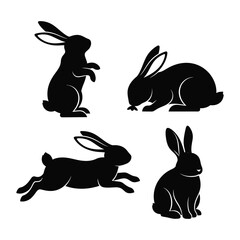 Four black rabbit silhouettes in various poses and actions easter spring wildlife animal art vector
