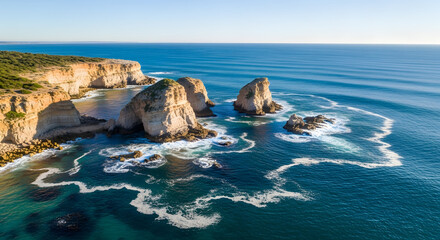 Aerial view of great ocean road cliffs and ocean in victoria aus