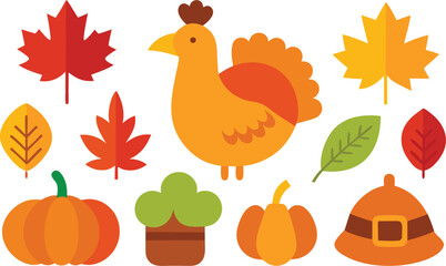 Thanksgiving day vector icons collection festive turkey pumpkins maple leaves for harvest celebration