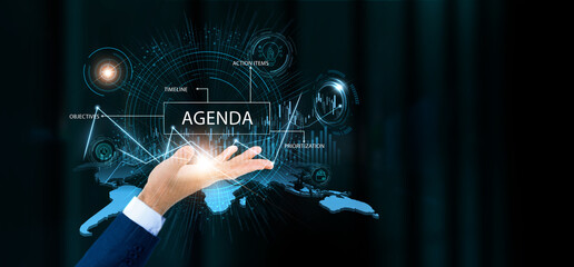 Businessman hold agenda words and growth technology and data connection. Business planning, project timeline, meeting schedule, productivity management.