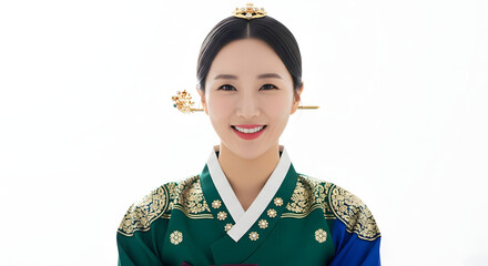 Beautiful korean woman in traditional hanbok dress smiling portrait