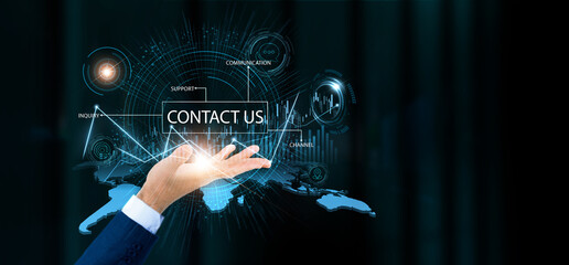 Businessman hold contact us words and growth technology and data connection. Customer communication, online inquiry, digital connection, support service.