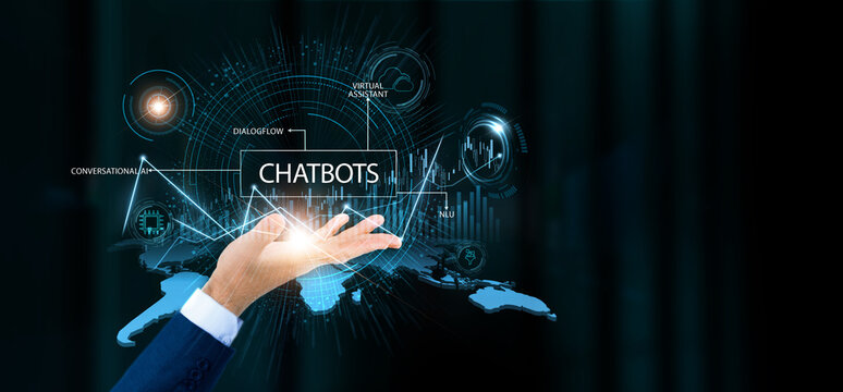 Businessman hold chatbots words and growth technology and data connection. AI conversation, virtual assistant, customer support, automation system.