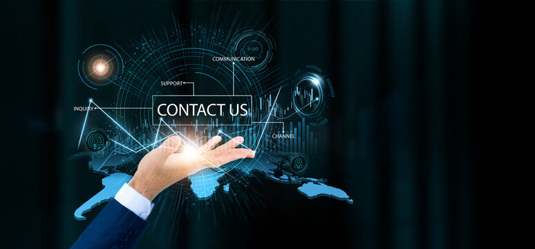 Businessman hold contact us words and growth technology and data connection. Customer communication, online inquiry, digital connection, support service.