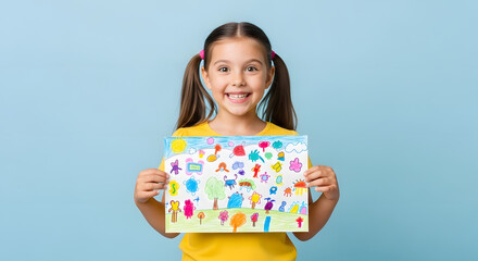 Happy little girl holding her colorful drawing art and craft work