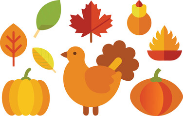 Thanksgiving vector icons collection with turkey pumpkins and autumn leaves scalable eps