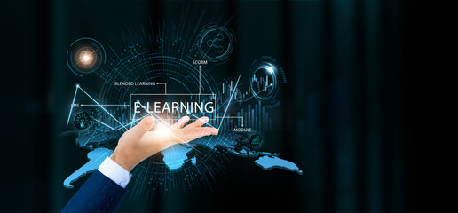 Businessman hold e-learning words and growth technology and data connection. Online education, digital classroom, virtual training, remote study platform.