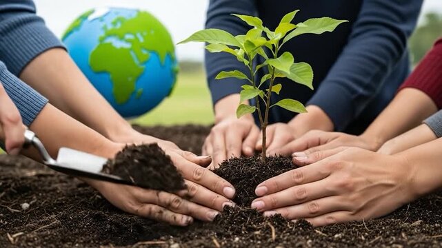 Human hands planting tree sapling in soil with symbolic earth globe in background environmental conservation