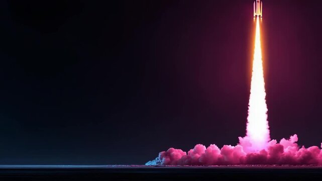 A rocket lifting off from a seaside launch pad, with a fiery orange plume and pink smoke under a dark night sky.