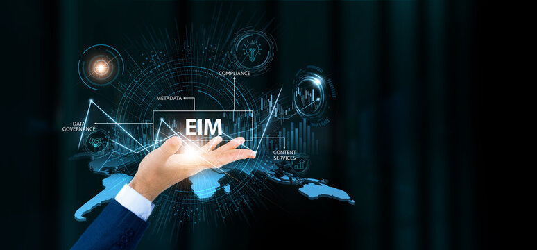 Businessman hold EIM words and growth technology and data connection. Data governance, information strategy, digital storage, enterprise intelligence.