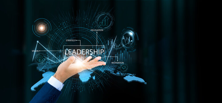 Businessman hold leadership words and growth technology and data connection. Corporate vision, management strategy, business guidance, executive success.
