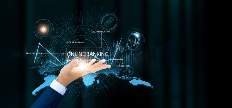 Businessman hold online banking words and growth technology and data connection. Digital finance, secure payment, mobile transaction, fintech innovation.
