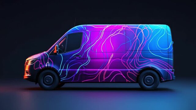 A van wrapped in bright neon pink, blue and purple swirling line patterns against a dark background.