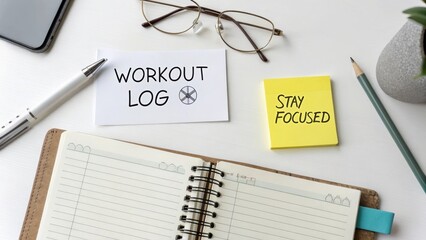 Organized Workspace with Workout Log and Motivational Sticky Notes