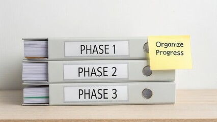Organizing Project Files in Different Phases on a Wooden Surface