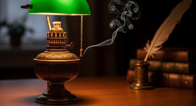 Antique Oil Lamp with Books, and Quill Pen.