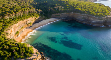 Aerial view of pristine beach cove with turquoise water and cliffs