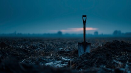 Fototapeta premium Lone shovel silhouette emerging from soil against misty blue dawn horizon evoking solitude and endurance in cold earth