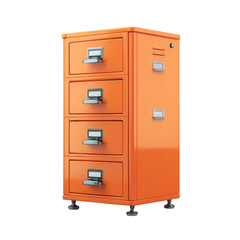 Bright orange filing cabinet with four drawers ideal for organizing office supplies in a modern workspace isolated on transparent background