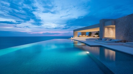 Fototapeta premium Elegant Villa with Illuminated Pool at Twilight