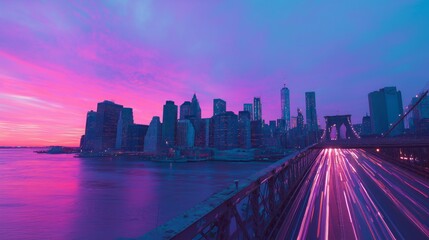 Cyberpunk Styled Brooklyn Bridge with Neon Pink Cityscape