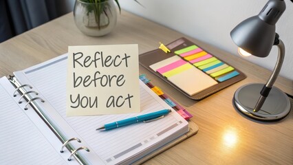 Reflective Note on Desk with Stationery and Desk Lamp for Inspiration
