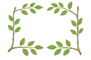 Green leaves and branches creating natural border frame on transparent background, spring summer season
