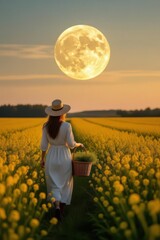 Fototapeta premium Woman in hat standing in yellow flower field under large full moon at sunset