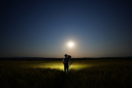 Couple standing in wheat field under full moon at nightfall