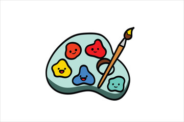 Cute cartoon art palette with colorful paint blobs and a paintbrush on a white background