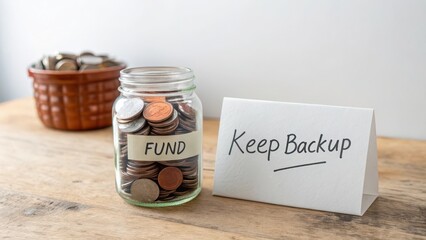 Savings jar with coins and backup fund reminder on wooden table