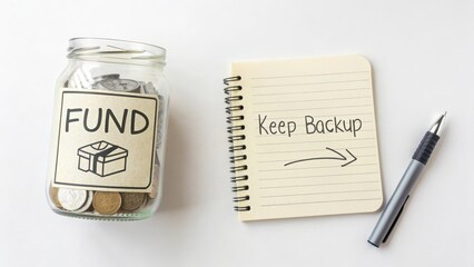 Savings jar with coins and notepad for financial planning concepts