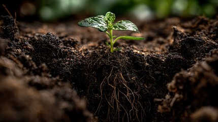 Tiny green seedling with visible roots growing in rich dark soil, symbolizing new beginnings and growth.