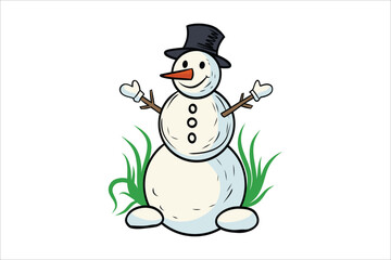 Whimsical hand drawn snowman wearing a top hat and mittens standing in green grass