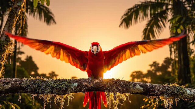 Scarlet Macaw with wings spread in sunlight over forest