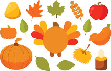 Thanksgiving day vector icon collection featuring turkey pumpkins and autumn leaves scalable illustration