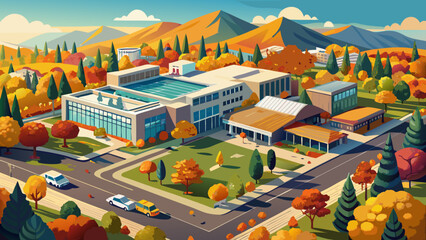 Very beautiful, aerial view of Ramon Community Center, San Ramon, California, USA during autumn shows the city’s landscape, including office buildings, parks, and tree-lined streets with colorful fall