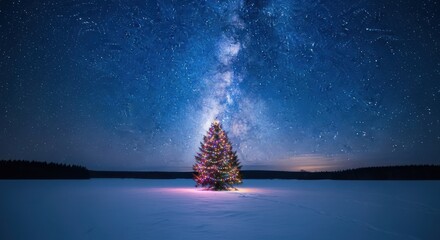 Christmas tree with lights stands alone under the starry night sky in winter