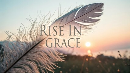 Serene Feather with Inspirational Quote Against Sunset Background