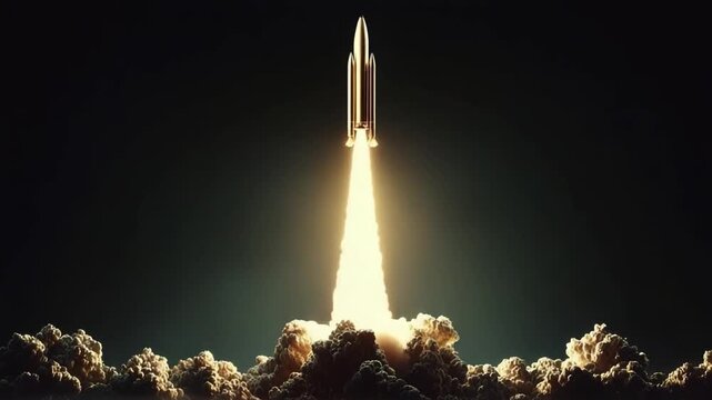 Rocket blasting off into the night sky with a bright flame and smoky exhaust.