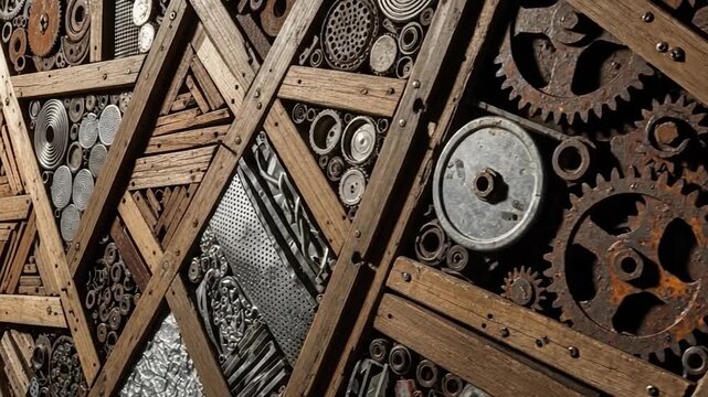 Industrial mechanical parts assemblage with wooden framework and vintage gears textured background