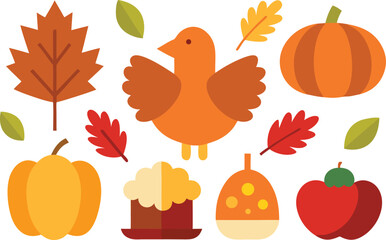 Thanksgiving day vector icons collection turkey pumpkins autumn leaves fall holiday celebration