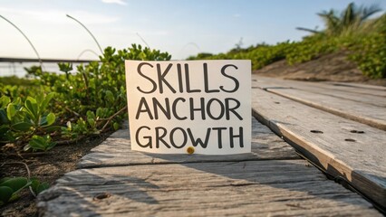 Skills Anchor Growth Message on a Wooden Path in Nature Setting