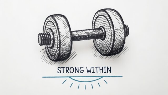Sketch of Dumbbell with Motivational Text 'Strong Within' Design