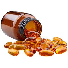 Amber bottle spilling omega 3 fish oil capsules health supplement close up