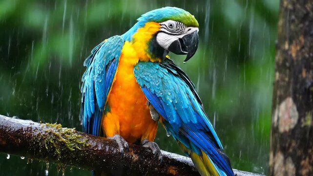 Blueandgold macaw parrot in the rain on a branch