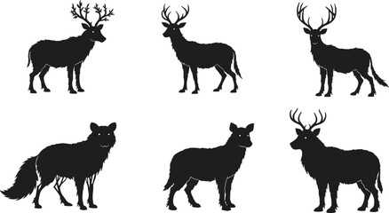 Animal silhouette set, deer and canine shapes, antler variations, wildlife icons, nature design, vector animals, black graphic elements