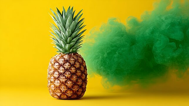 Pineapple is sitting on a yellow background with a green smoke cloud in the background. The smoke cloud gives the image a surreal and dreamlike quality - Powered by Adobe